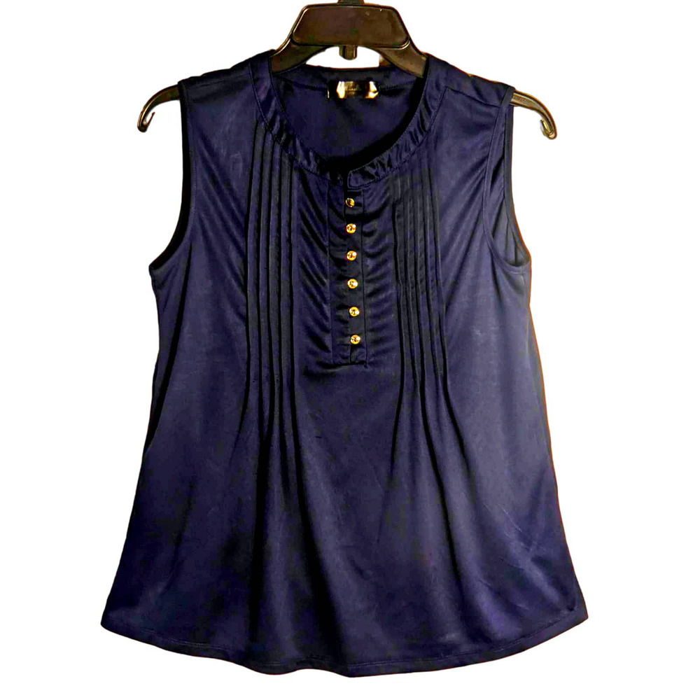Madamaselle Navy Blue Pintuck Sleeveless Mandarin Collar Blouse Top Womens Small